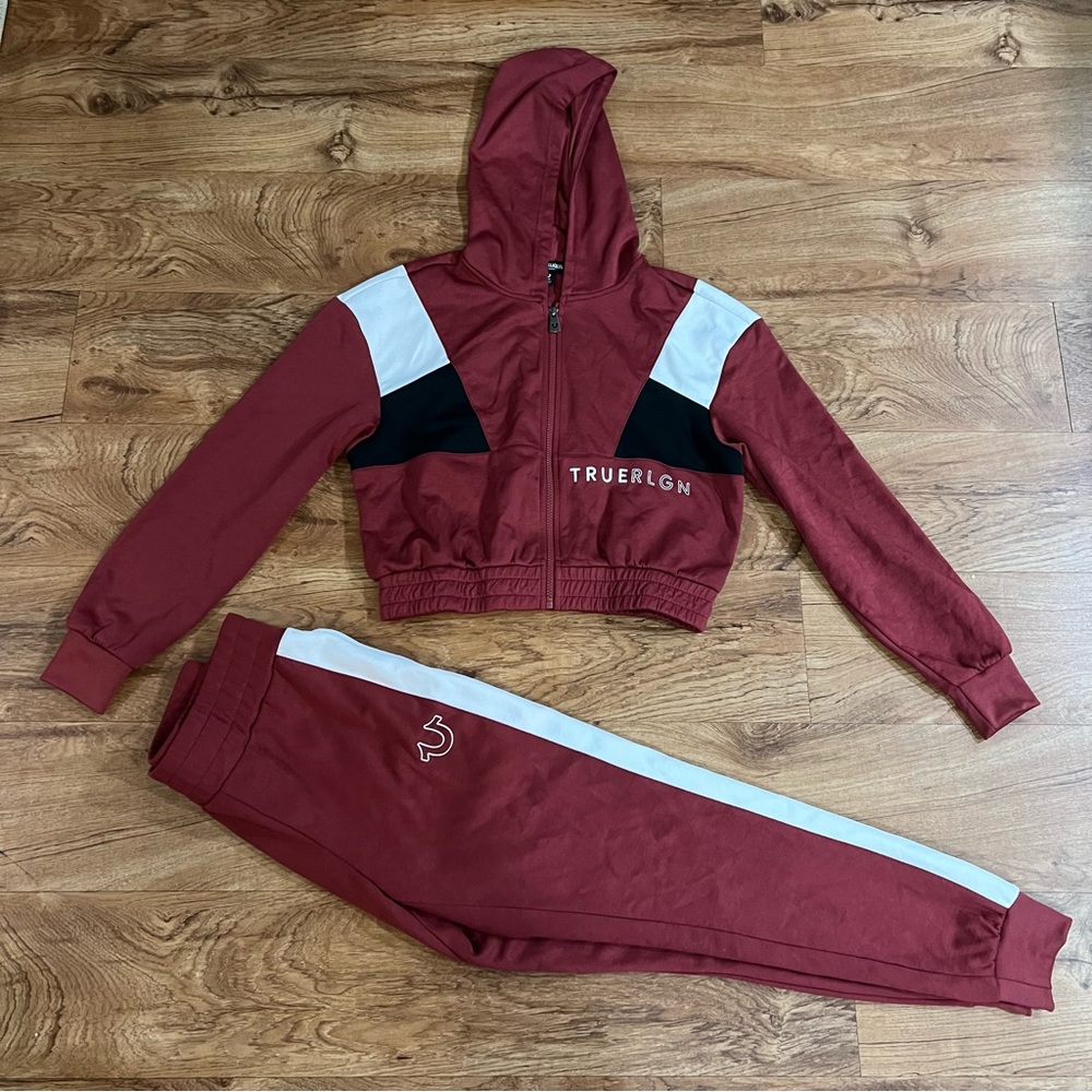 True Religion Maroon Color Block Jogger & Zip Hoodie Set